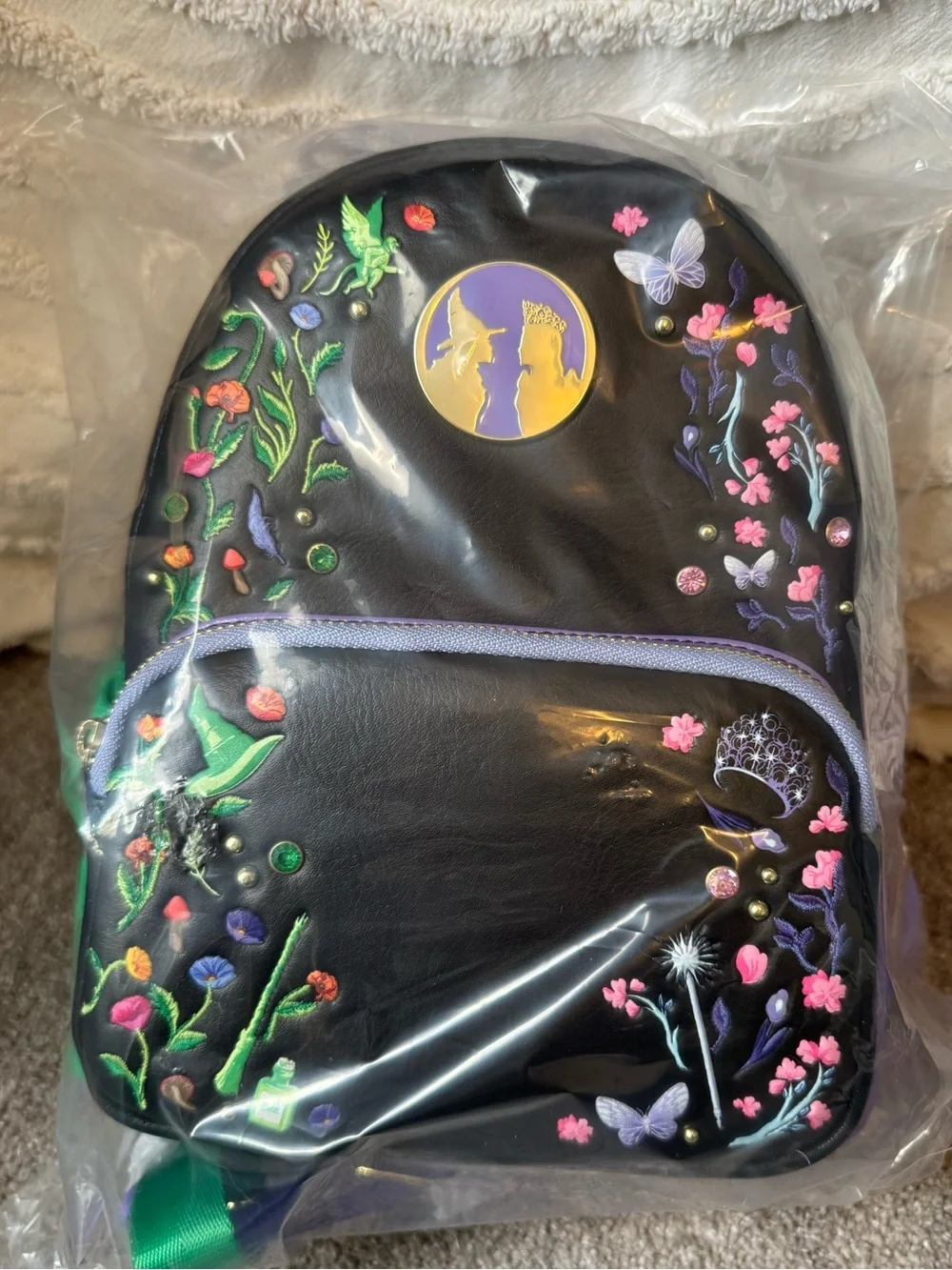 Loungefly Wicked Floral Embroidered Mini Backpack Black Purple Green Gold Zip